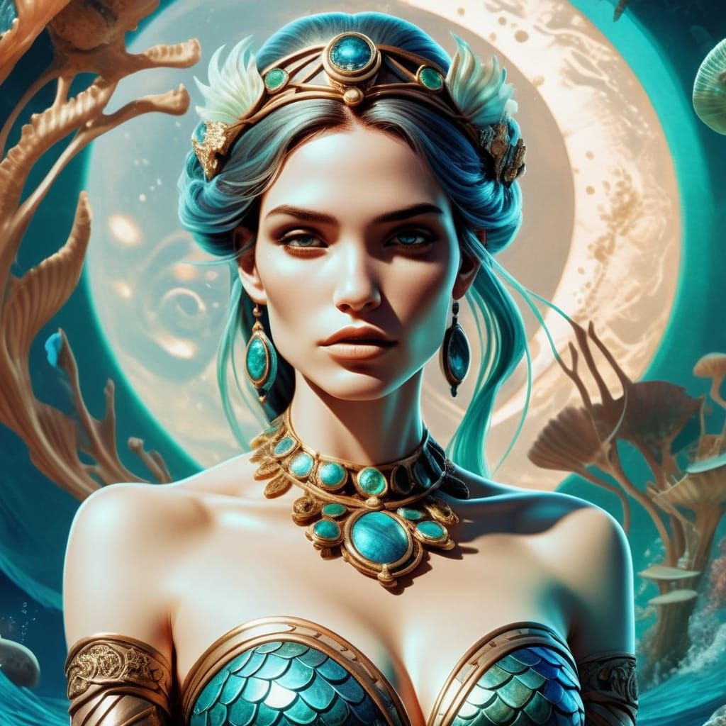 Mermaid in Turquoise Waters with Art Nouveau Tail