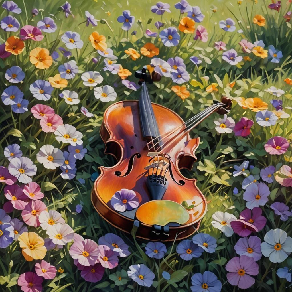 Viola Surrounded by Flowers as Oil Painting
