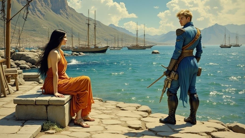 Greek Woman and Officer in Impressionist, Surreal Style