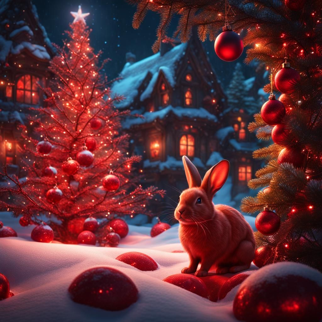 Festive Christmas Red Bunny: Detailed Digital Painting