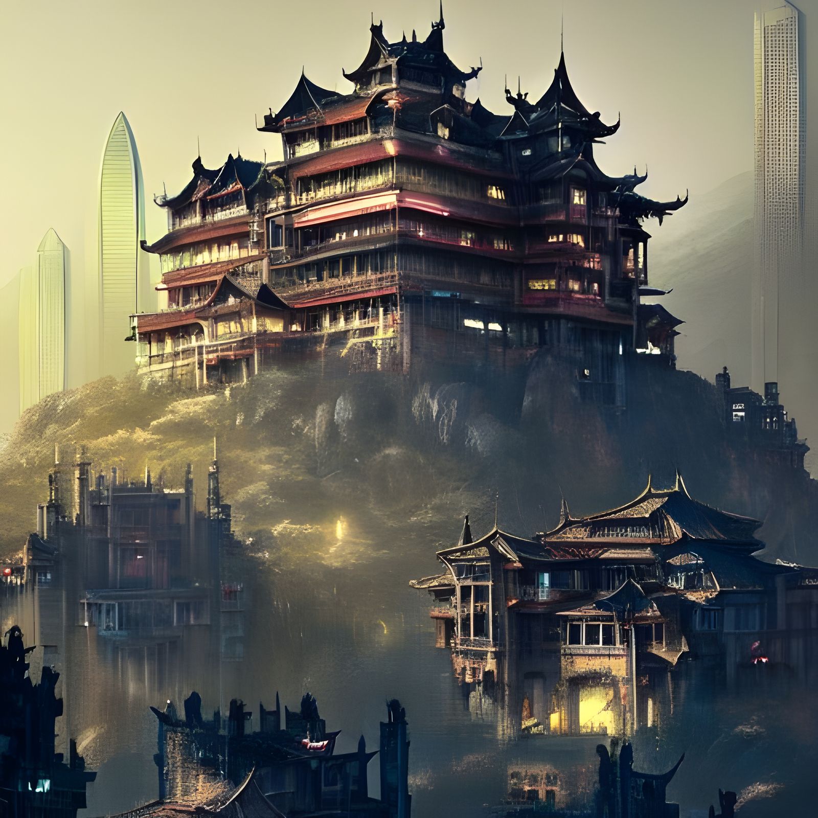 Cyberpunk Fortress Mansion in Maximalist Assemblage Style