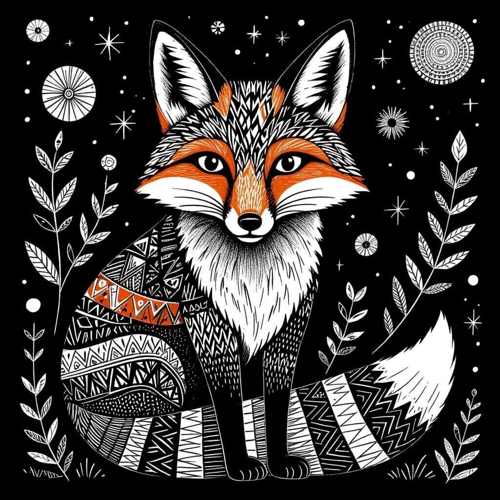 Intricate Fox Illustration in Pen and Ink Style