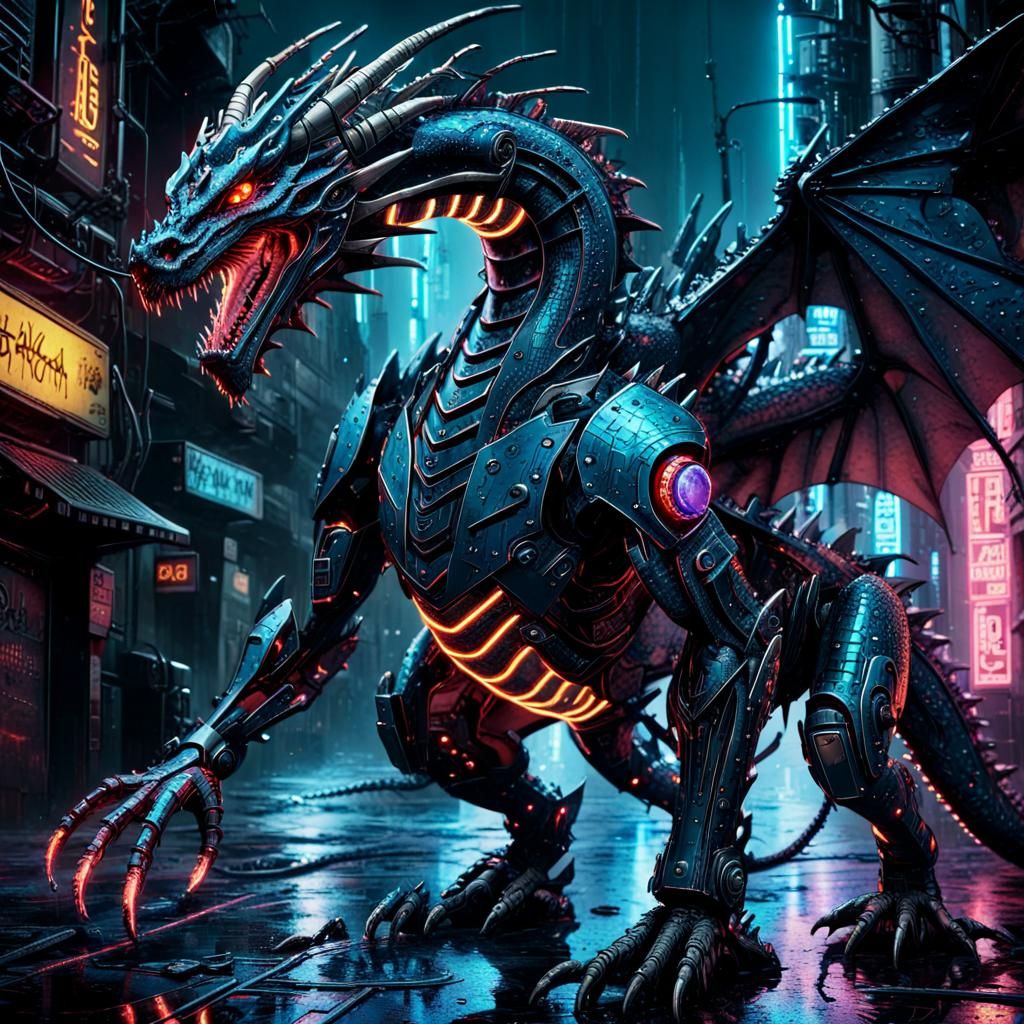 Cyberpunk Dragon Cyborg Battles in Gritty City