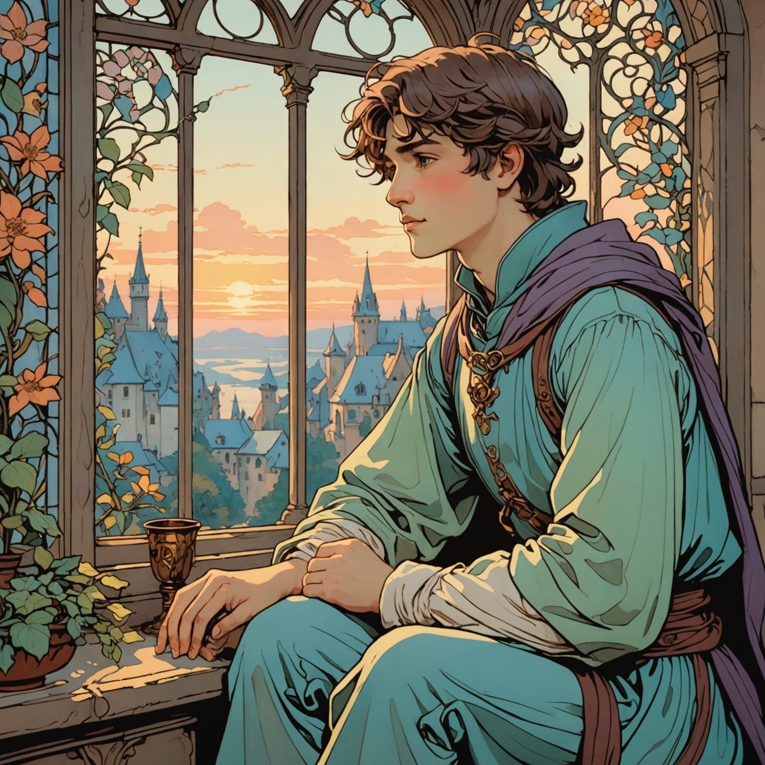 Whimsical Medieval Boy at Dawn in Pastel Hues
