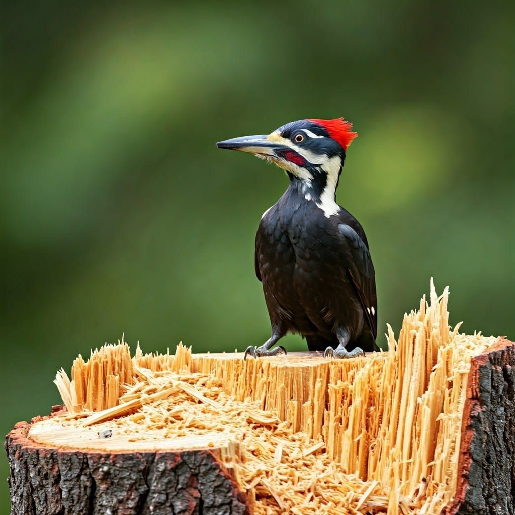 Ivory-Billed Woodpecker Perched on a Felled Tree in a Forest...