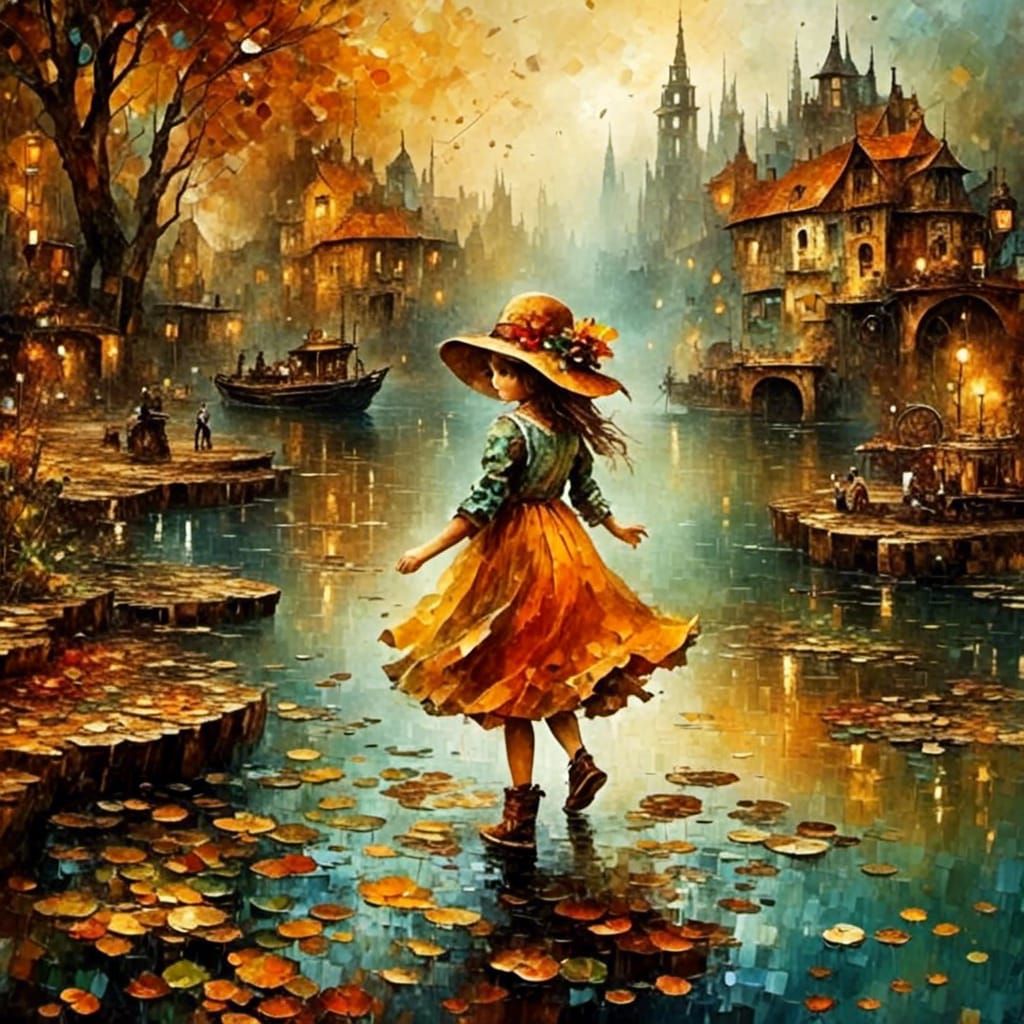 Girl Skipping Rocks by River in Charming Scene