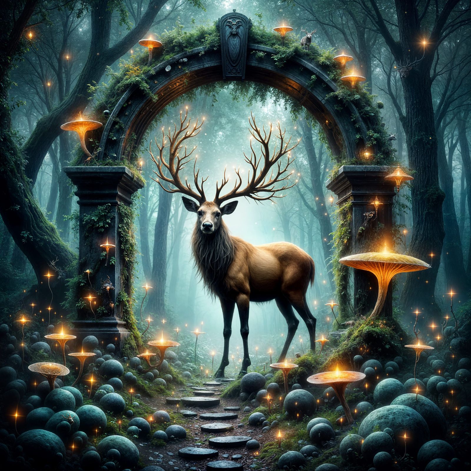 Majestic Stag in Ethereal Forest Archway
