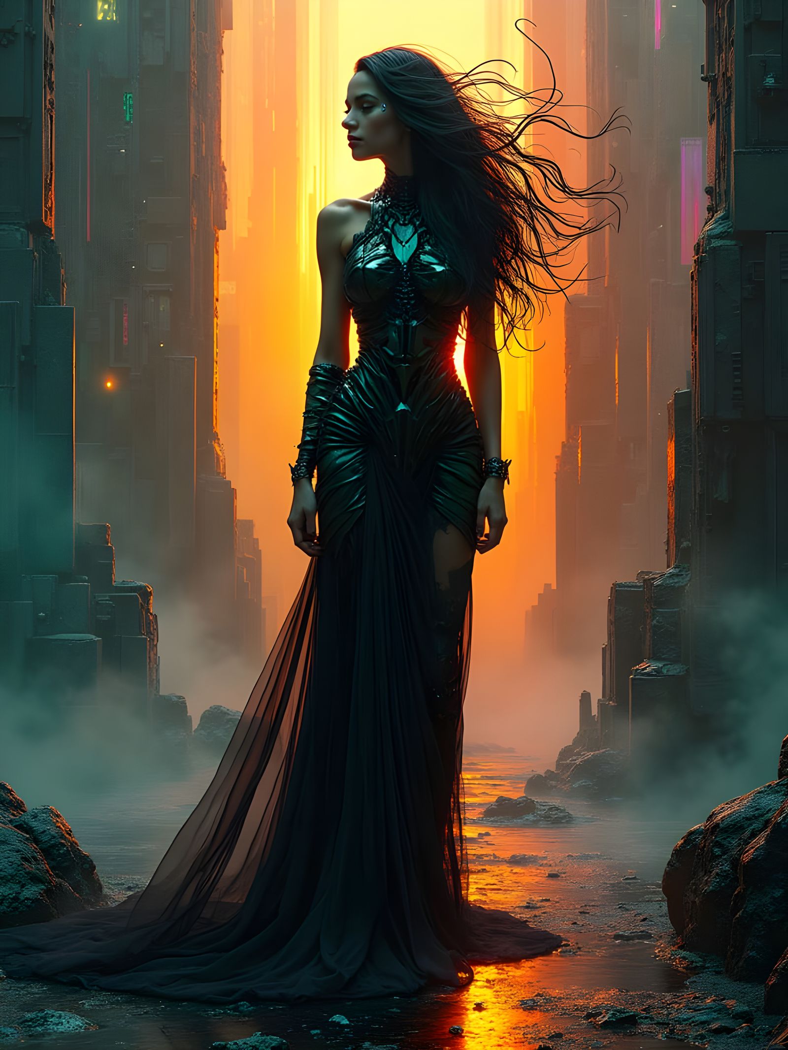 Dark Fantasy Muse in Avant-Garde Cubist Masterpiece