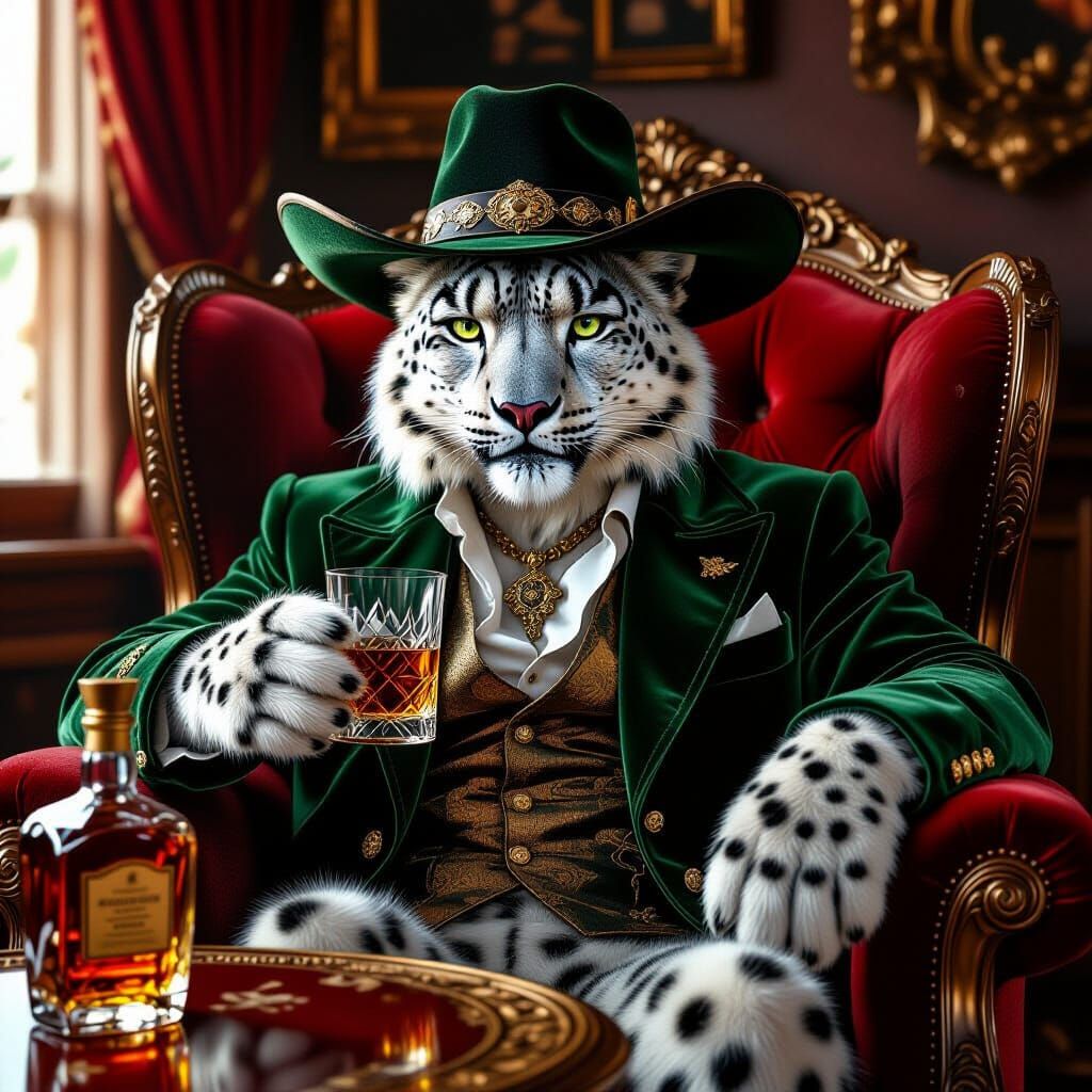 Snow Leopard Lounging in Velvet Armchair