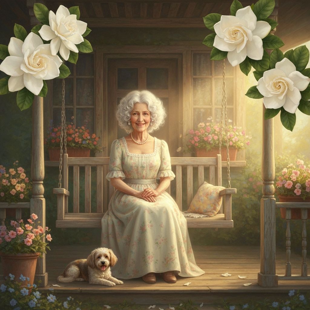 Romantic Old Woman on Porch Swing with Dog, Oil Painting