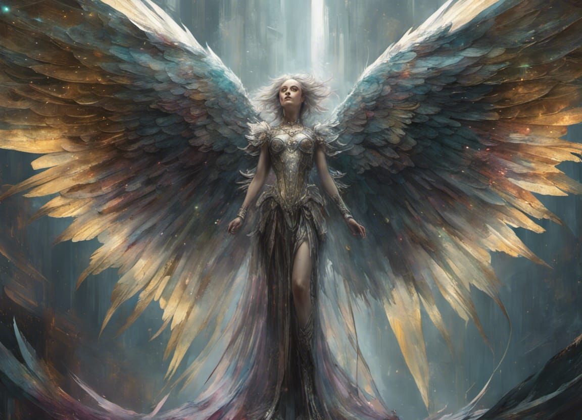 Armored Angel with Iridescent Wings in Maximalist Style