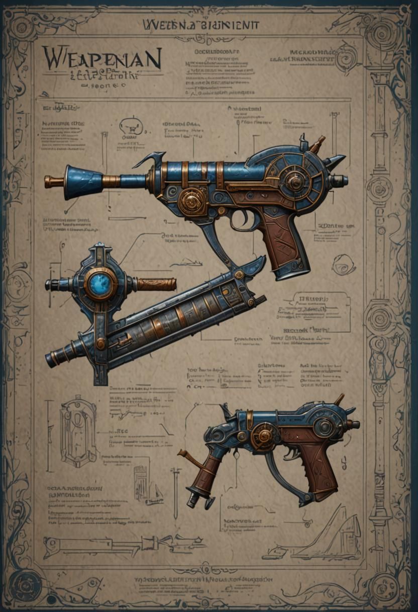 Detailed Weapon Blueprint in Matte Painting Style