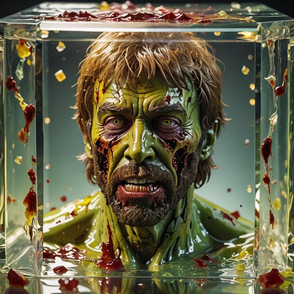 Zombie Face in Crystal Cube: Hyperrealistic Digital Art