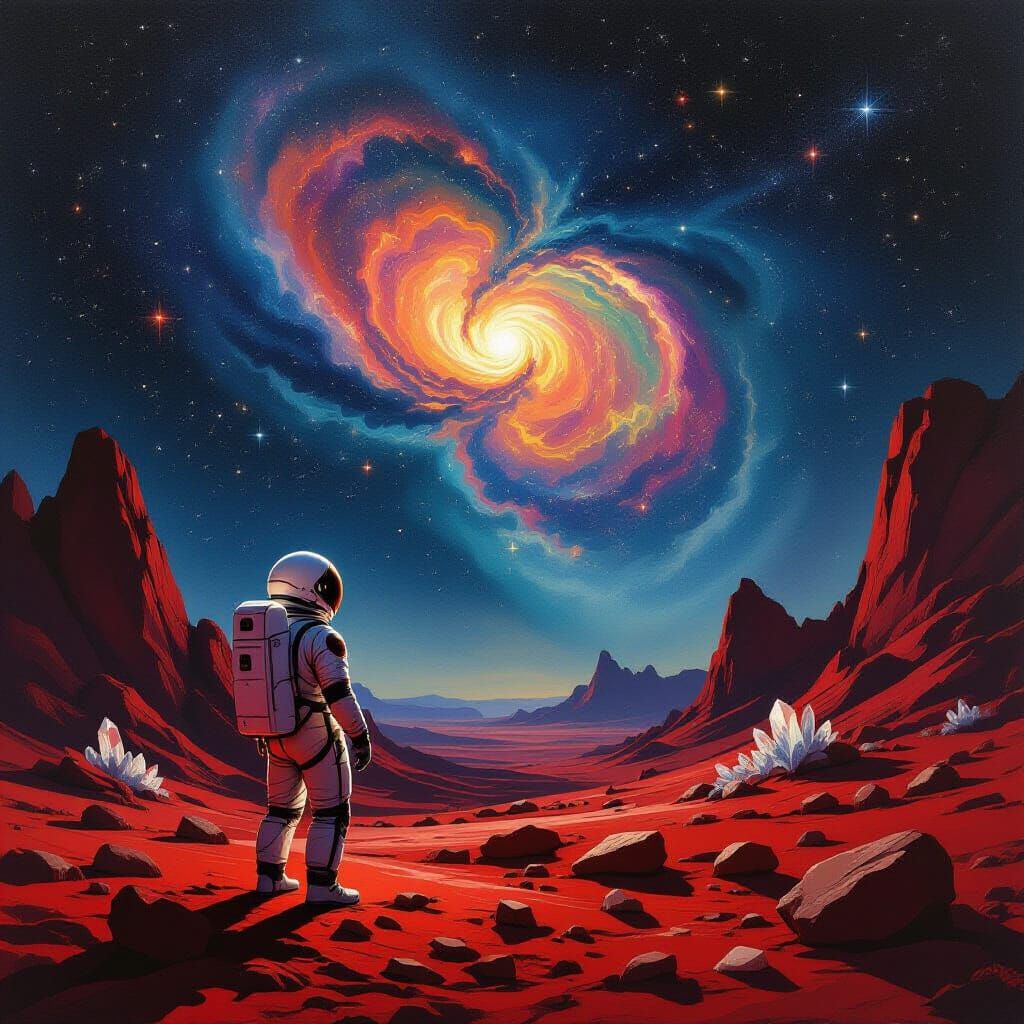 Astronaut Gazes at Nebula on Alien World