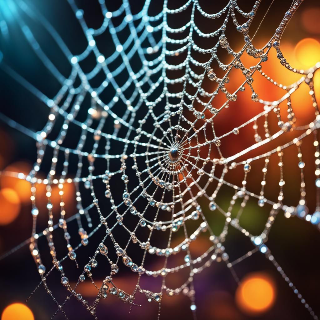 Glowing Spider Web with Jewel-like Reflections