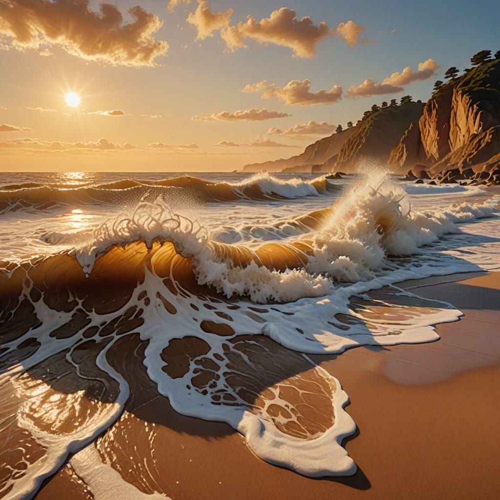 Golden Dawn Waves on Rocky Beach: Oil Painting