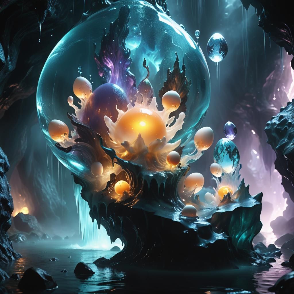 Water Elemental in Crystalline Cavern, Dark Fantasy Art