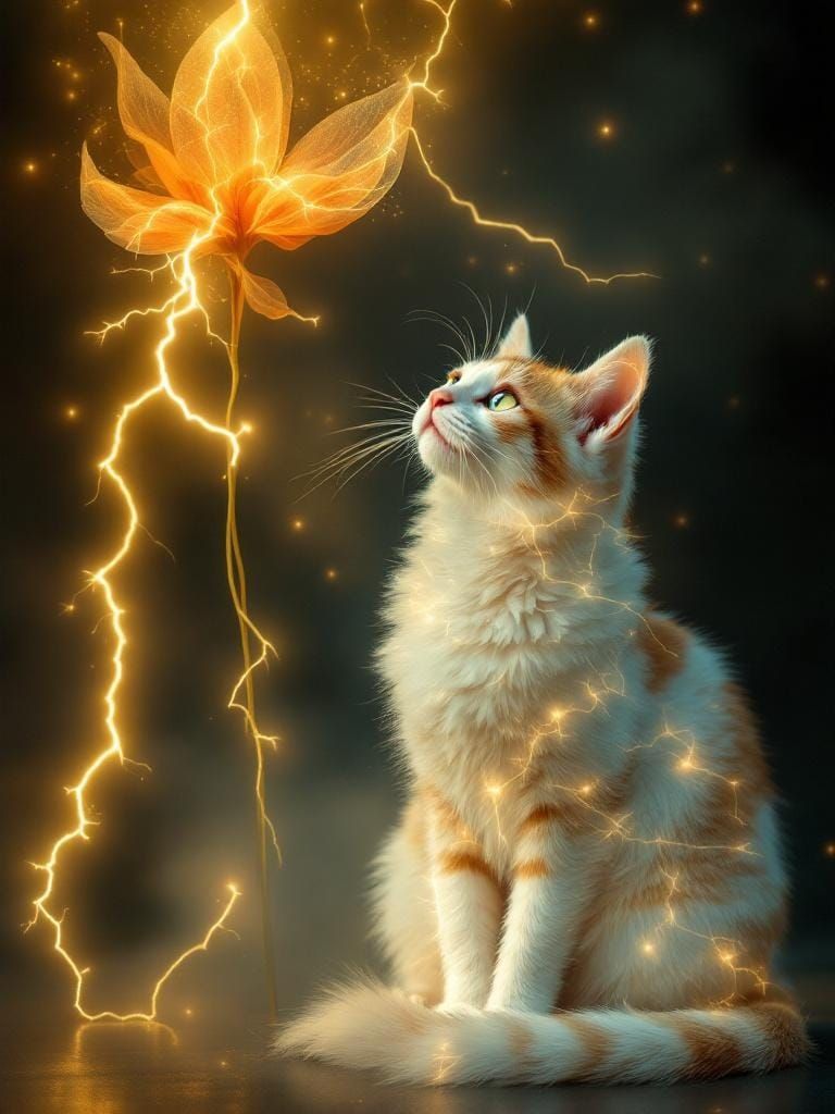 Cat in Art Nouveau Style with Luminous Electromagnetic Glow