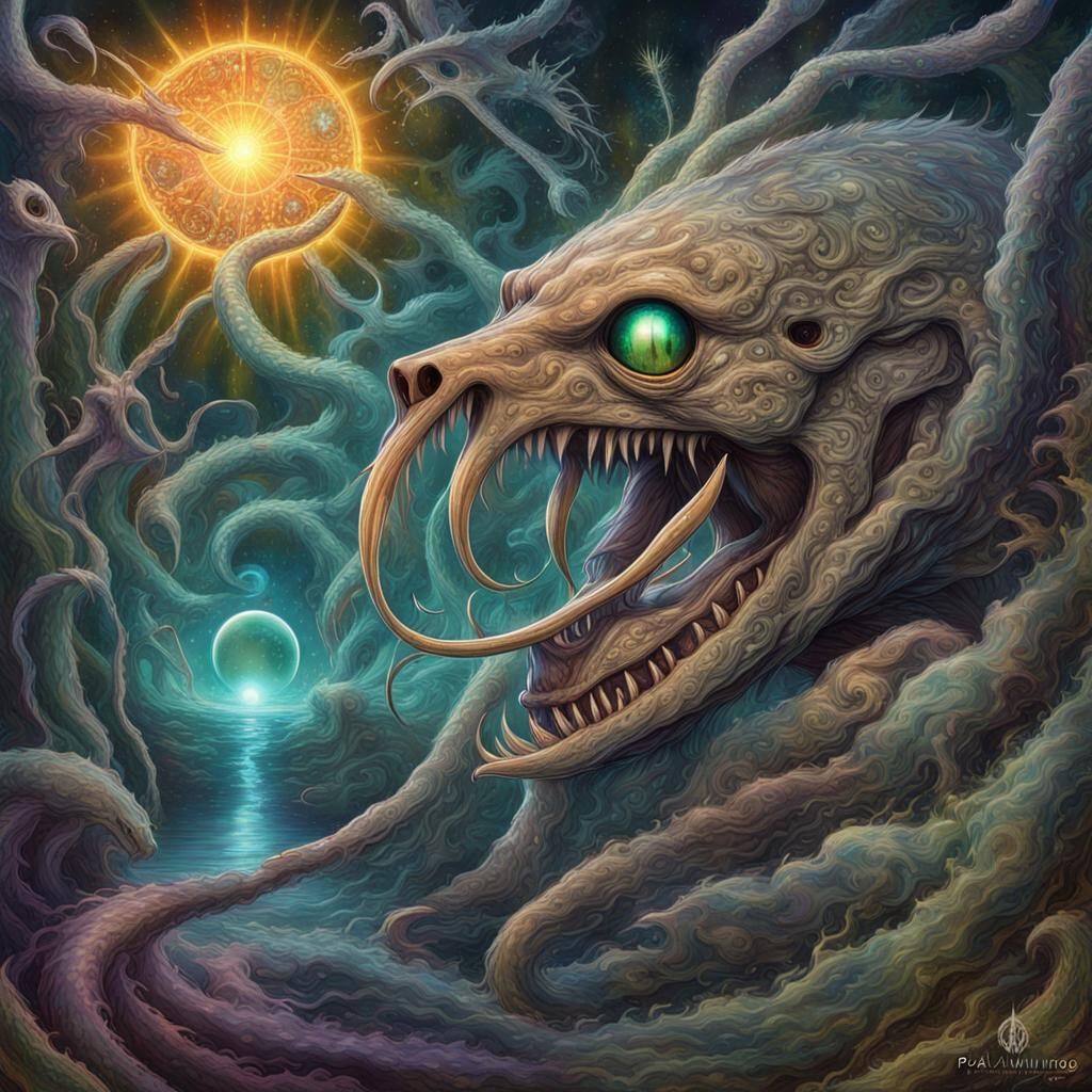 Surreal Fenris Swallowing Sun in Cosmic Illustration