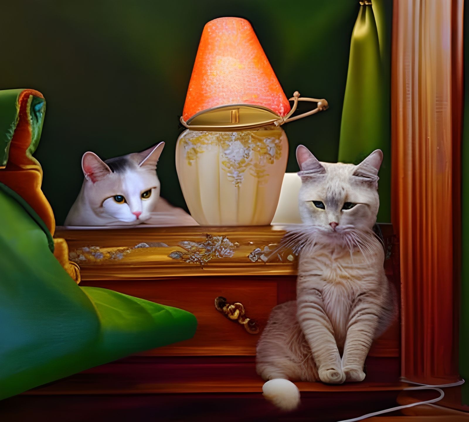 Cats Relaxing on Antique Furniture in Surreal Style