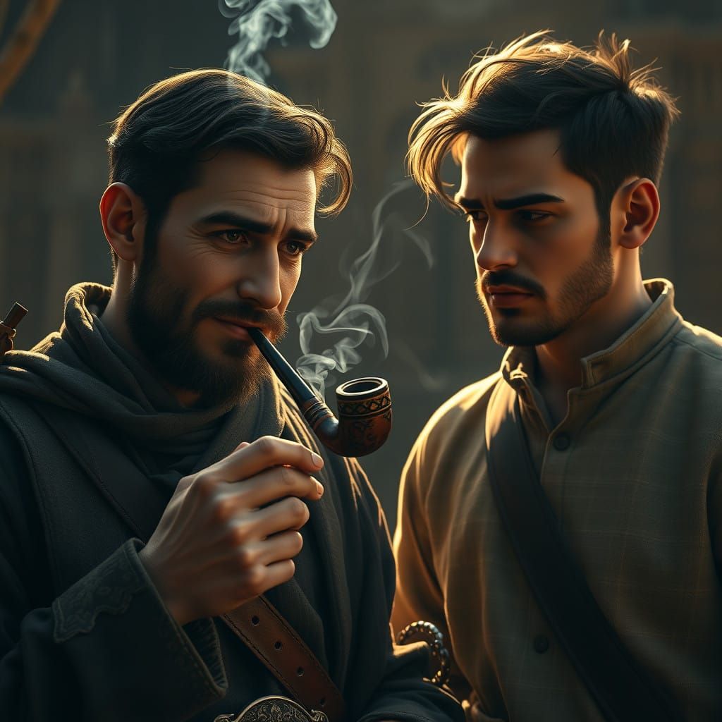 Kind-Eyed Gentleman Smokes Pipe Beside Younger Man, Rich Mut...
