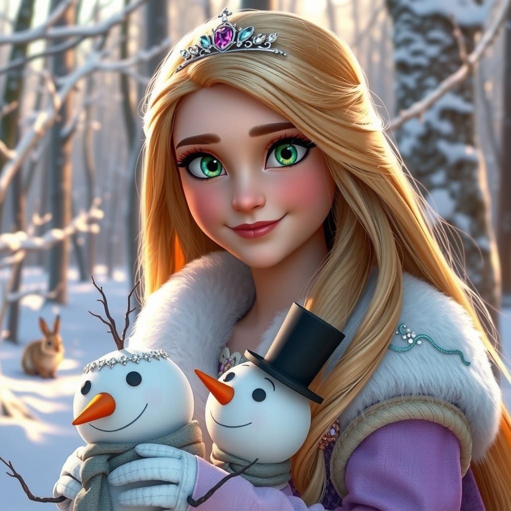 Princess Rapunzel in Winter Wonderland with Snowman