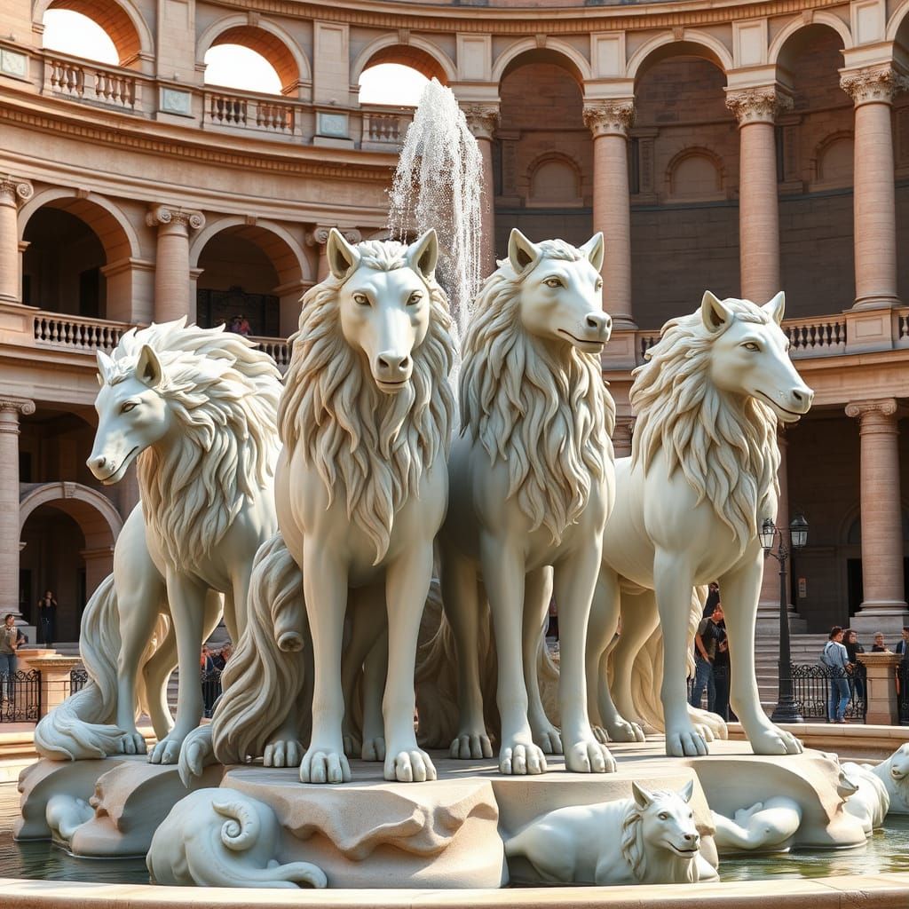 Majestic Wolves Fountain in Neoclassical Coliseum