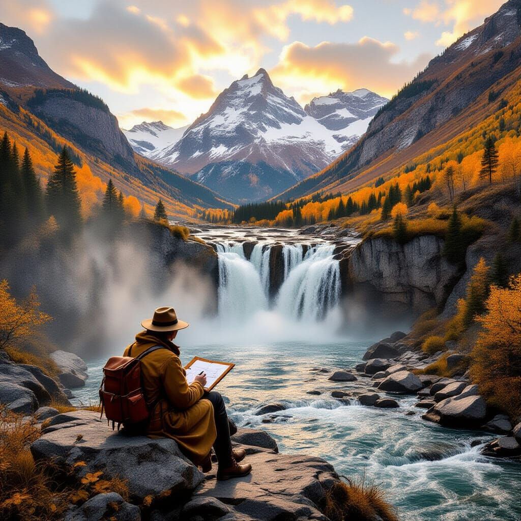 Traveler Sketches Autumn Waterfall in Vintage Photo Style