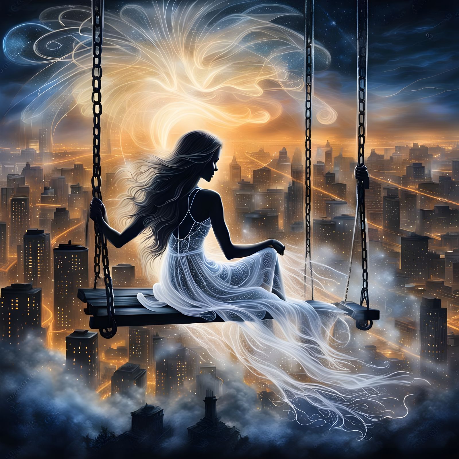 Enchanted Nighttime City Swing in Ethereal Style