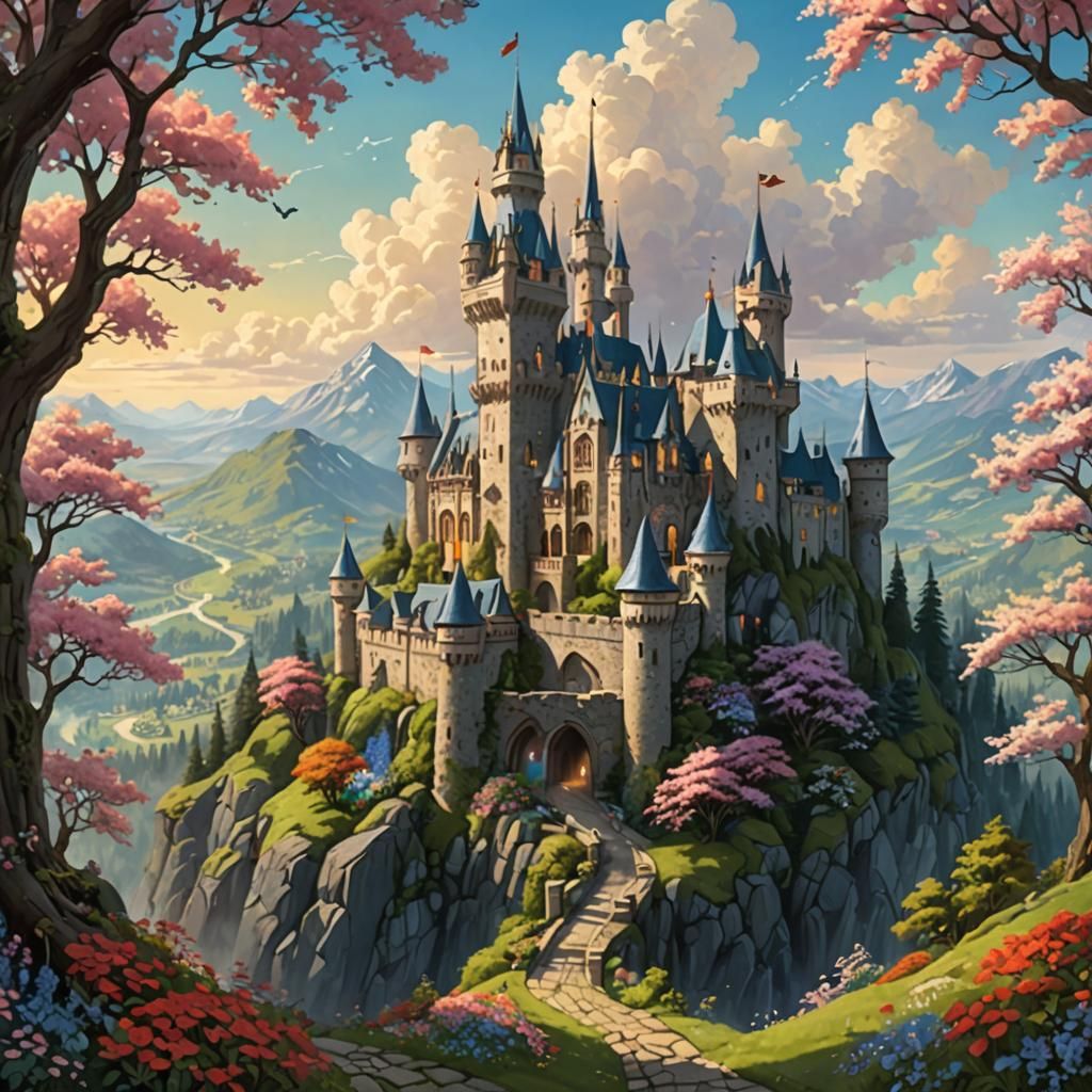 Magical Castle Tower Surrounded by Flowers, Digital Art