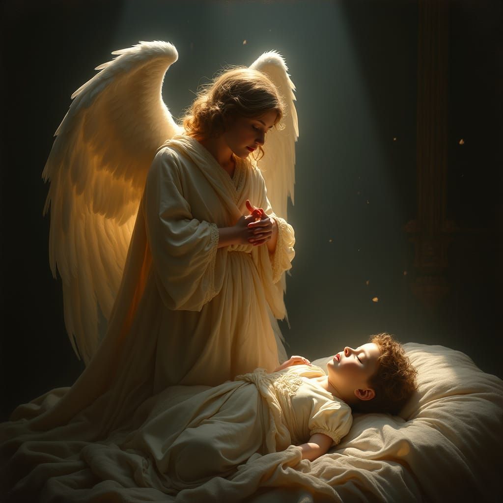 Guardian Angel Watching Over Sleeping Child in Baroque Style