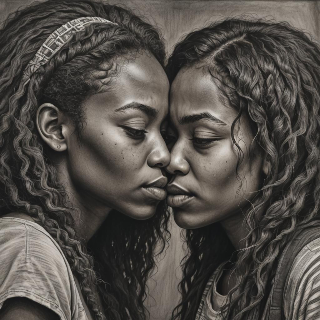 Two Women Kissing: Hyperdetailed Charcoal Drawing