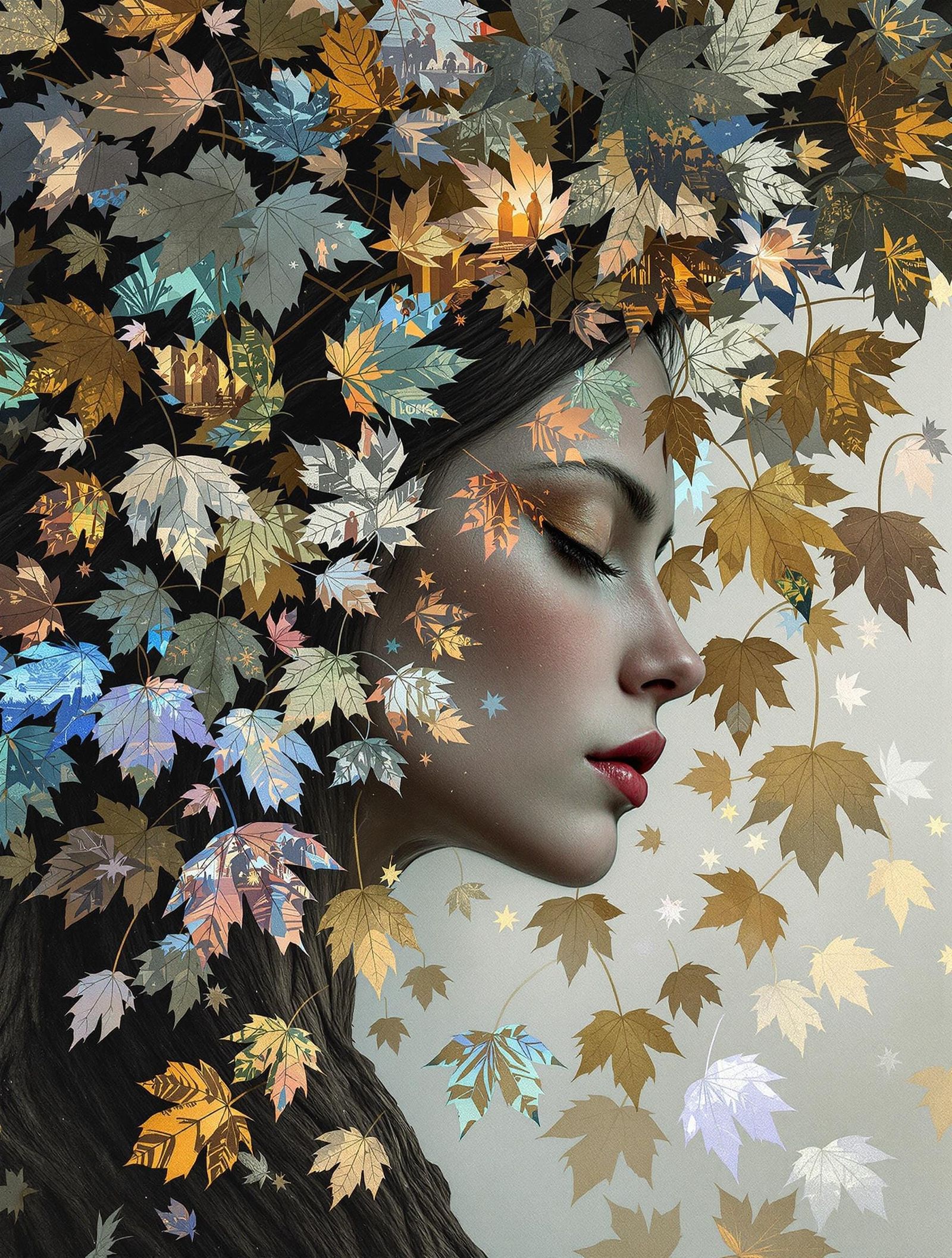 Surreal Hybrid Figure in Holographic Oak Landscape