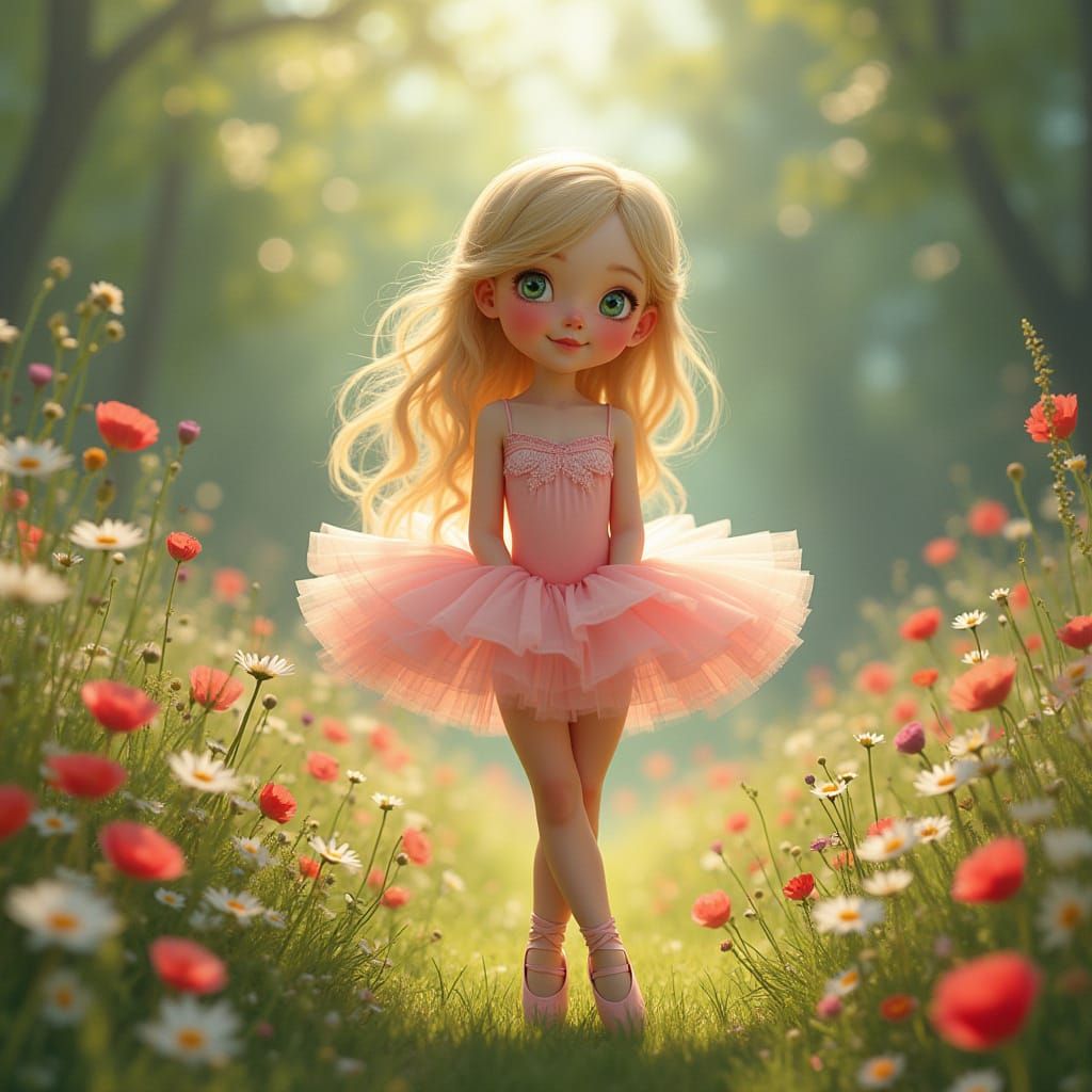 Whimsical Ballerina in a Vibrant Floral Meadow
