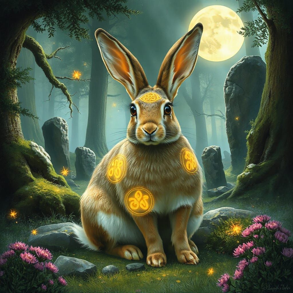 Mystical Celtic Hare in Moonlit Forest Clearing