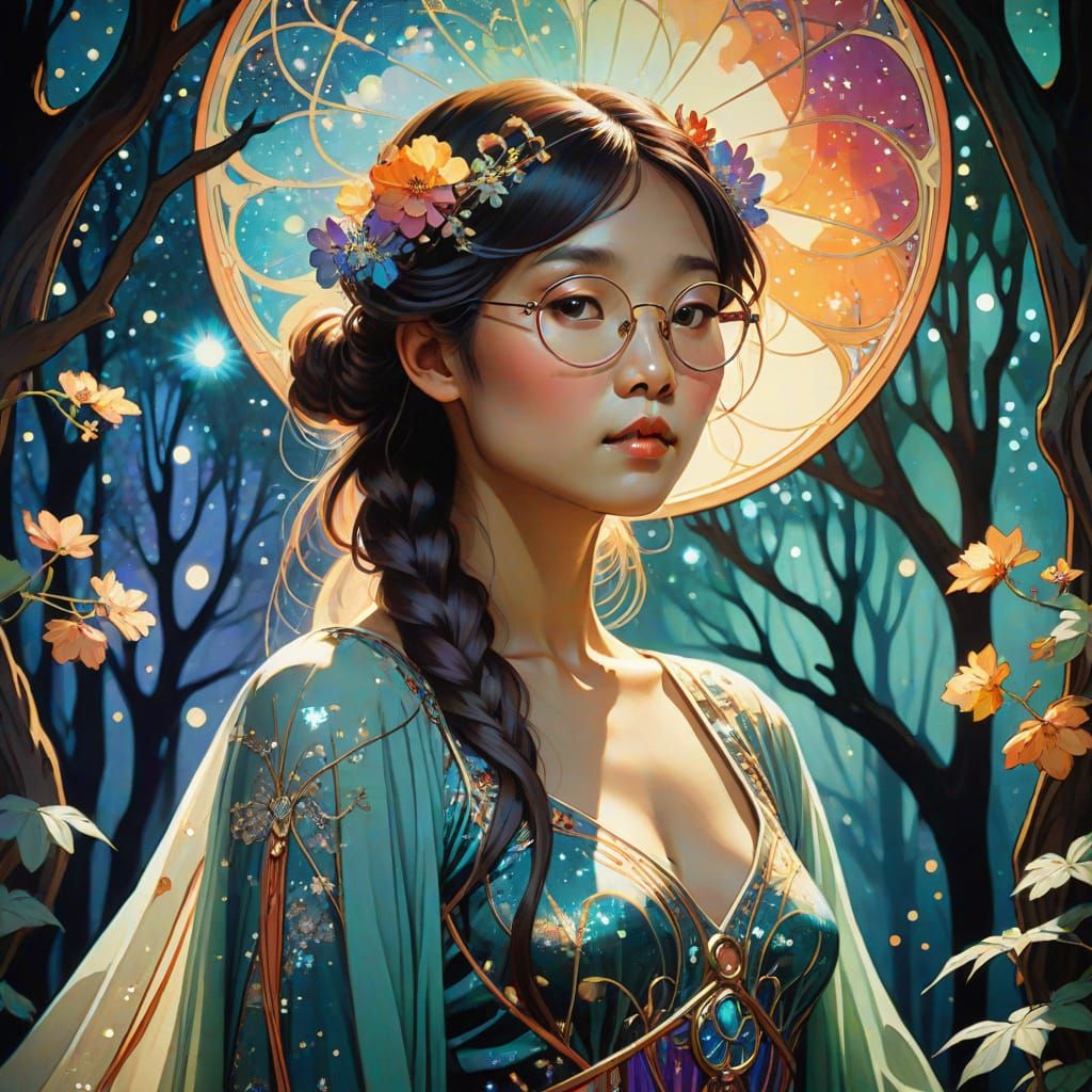 Cosmic Surrealism: Woman in Mucha-Inspired Grove