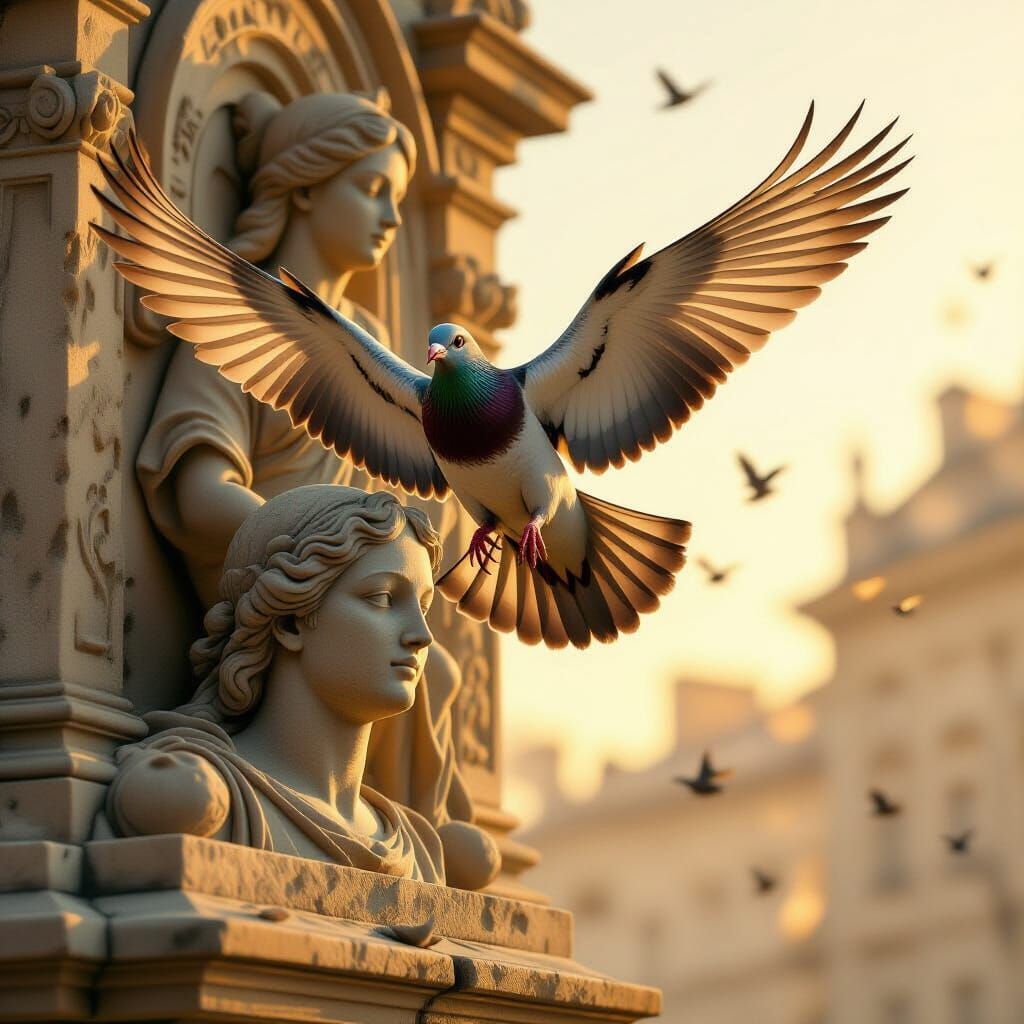 Pigeon Soars Around Stone Statue in Golden Light