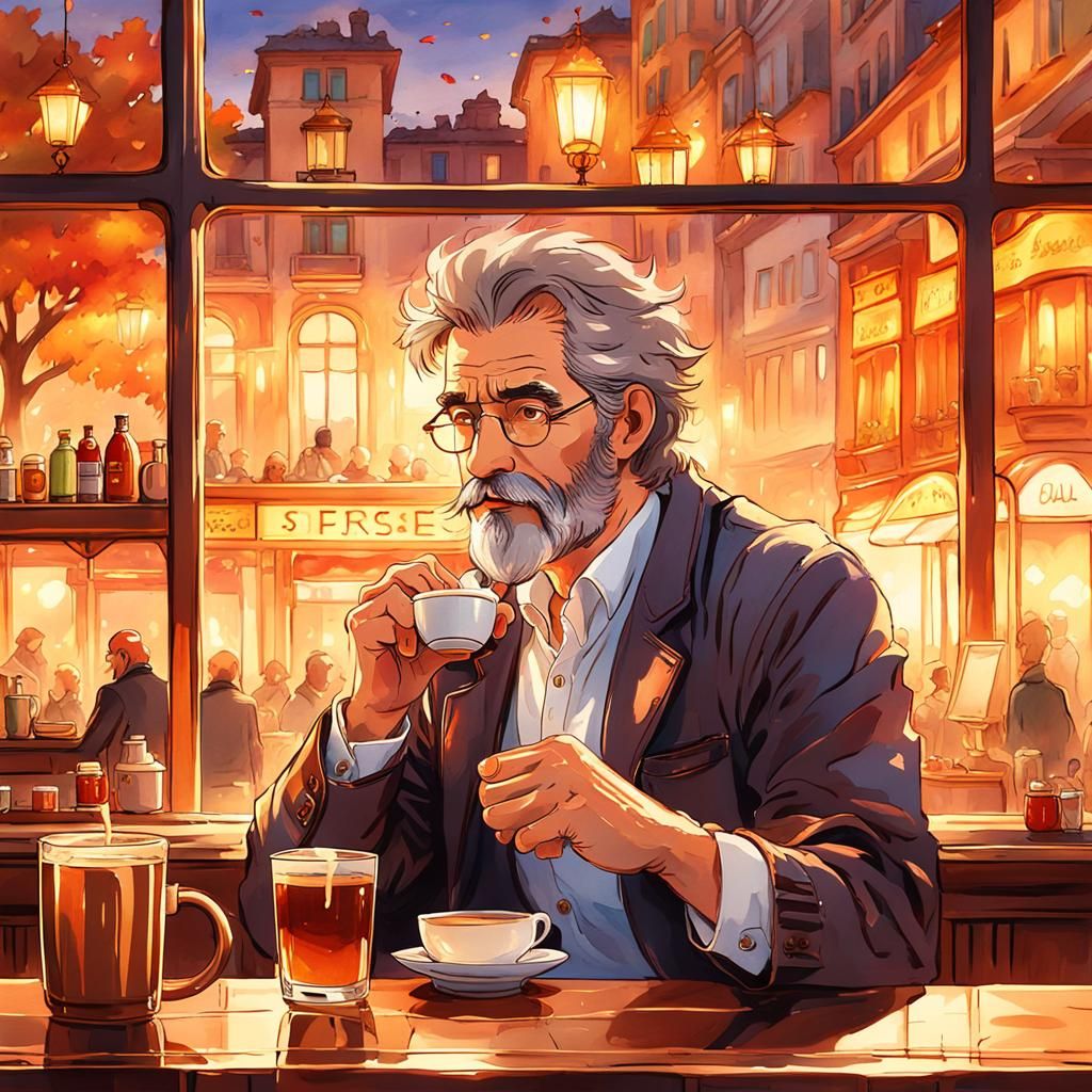 Italian Man Sipping Coffee in Anime Autumn