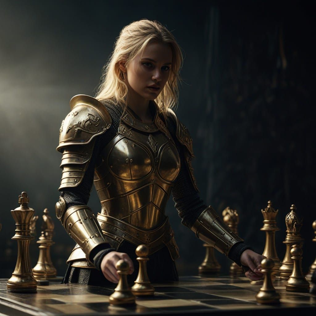 Blond Warrior on Chessboard in Golden Light