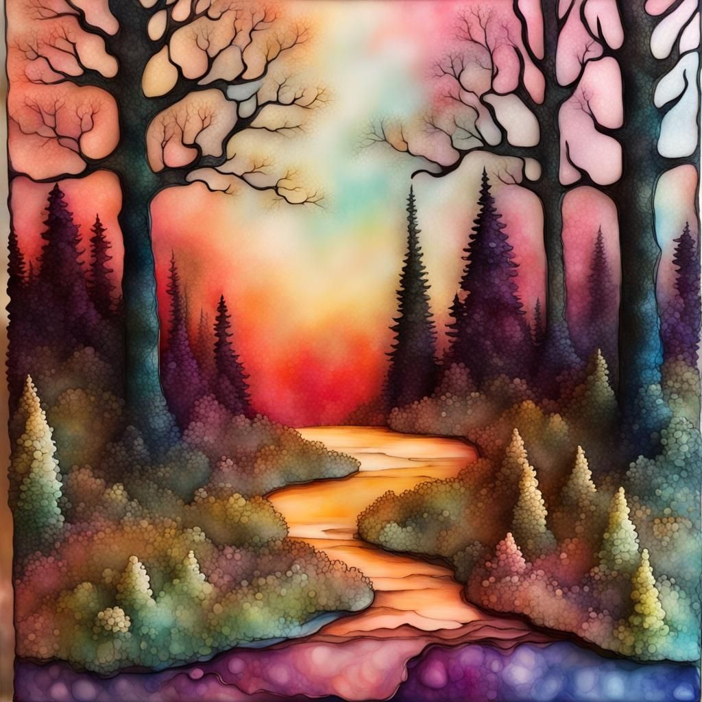 Magical Forest Sunset in 3D Alcohol Ink Style