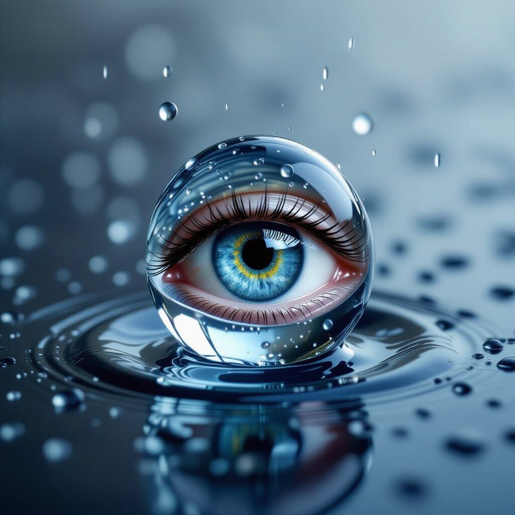 Surreal Macro Eye Inside Raindrop, Hyperrealistic