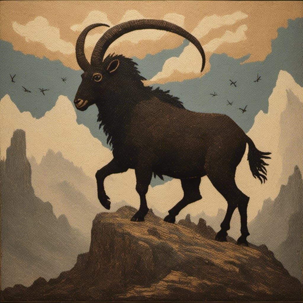 Stone Age Mountain Goat Silhouette in Clouds