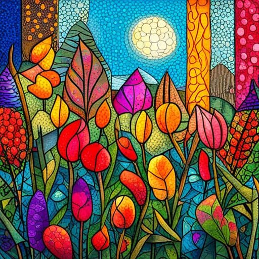 Polychromatic Collage Painting of a Flower Garden