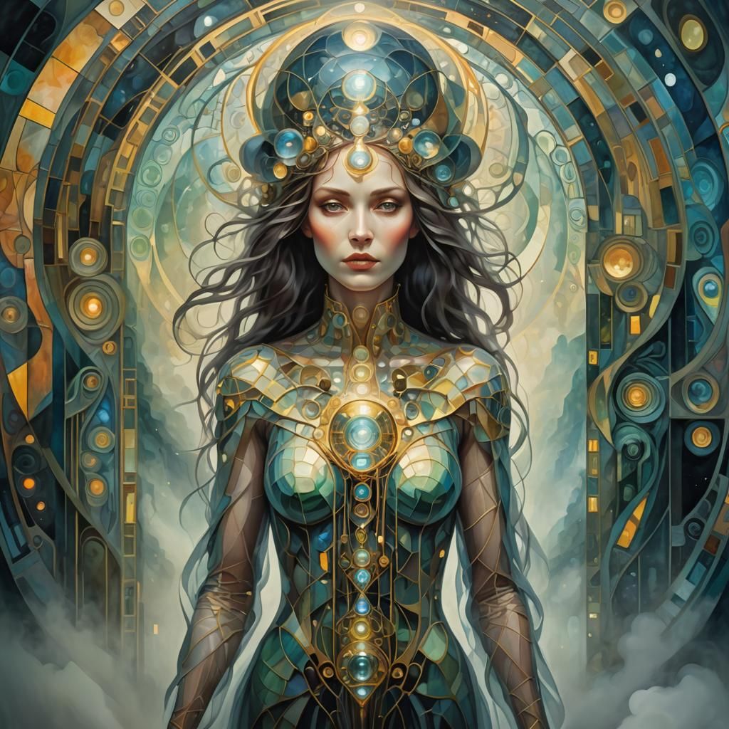 Ethereal Woman Enters Portal: Crystalline Cubism Art