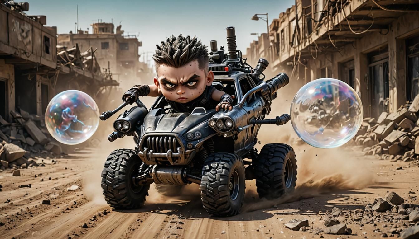 Chibi Humanoid Races Bubble Tank in Apocalyptic Wasteland