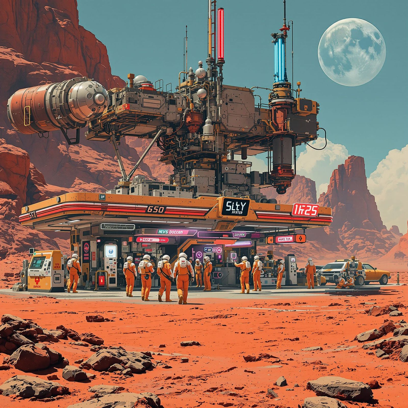 Bustling Martian Gas Station in Retro-Futuristic Style