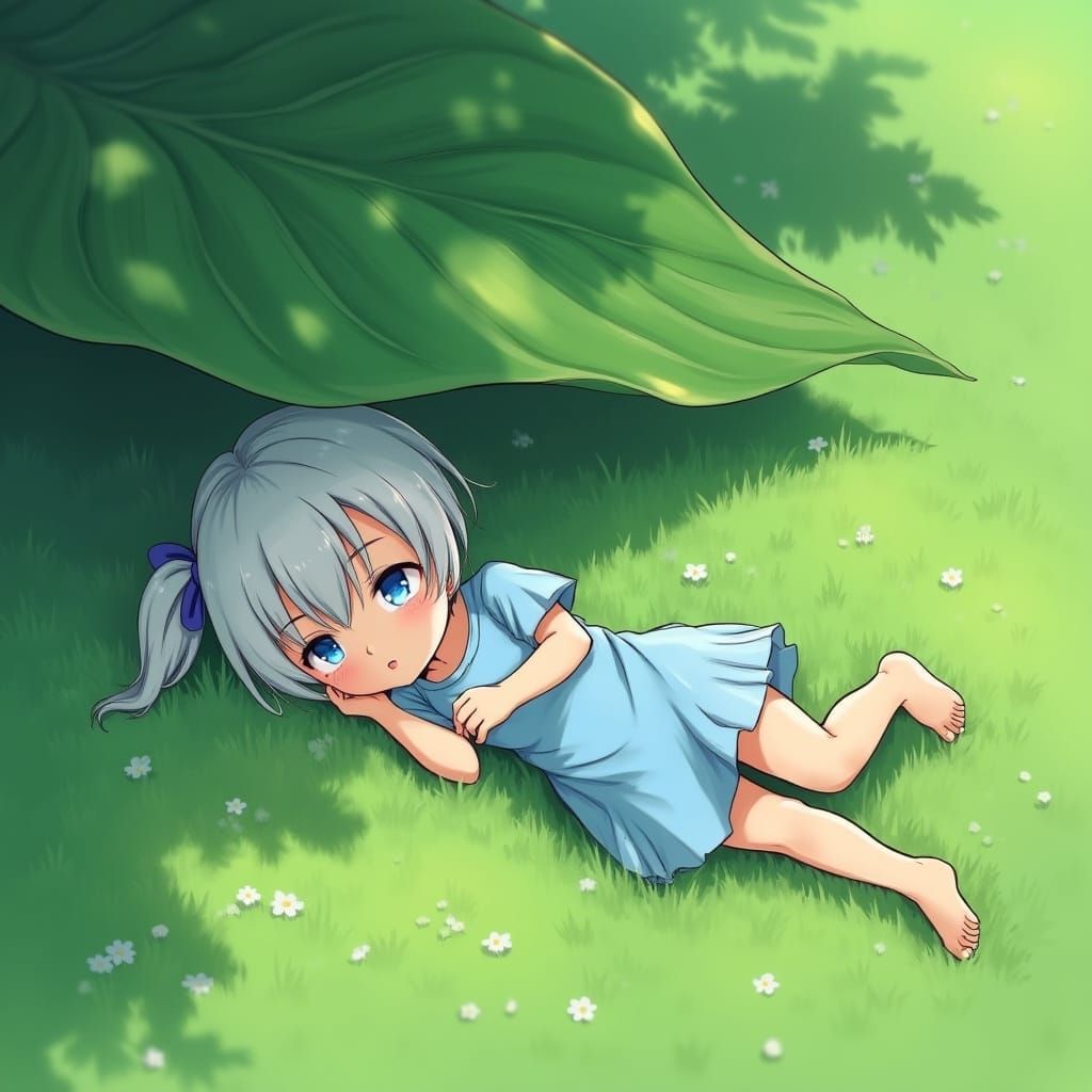 Tiny Anime Girl Rests in a Sunlit Meadow