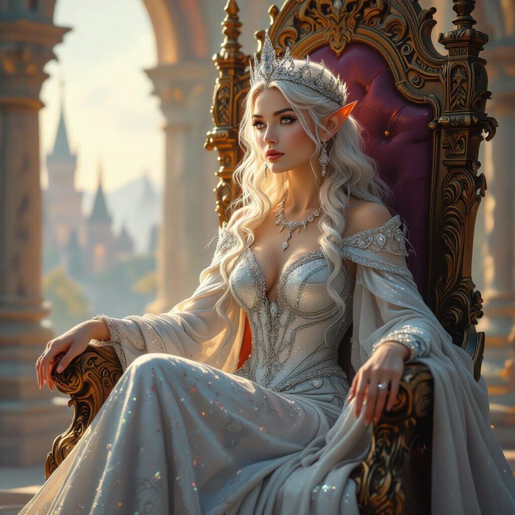 Regal Elf Queen Observing Her Kingdom