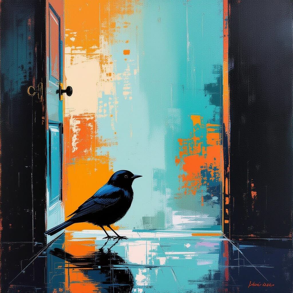 Blackbird Seeks Shelter: Abstract Painting in Vibrant Colors