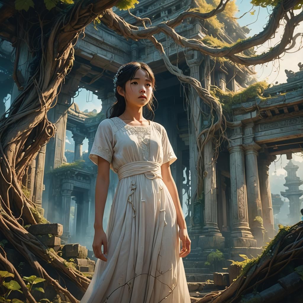 Miyazaki-esque Girl at Ancient Temple, Digital Art